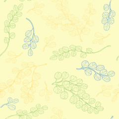 Wall Mural - Eucalyptus branch hand drawn vector seamless pattern in line art style on pastels yellow. Background with eucalyptus branch and leaves. Best for wrapping paper, wallpaper, textile or wedding design.