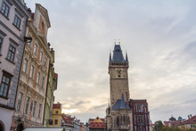 Panorama Of Old Town Square (Staromestske Namesti) With A Focus On The Clock Tower Of Old Town Hall, A Major Landmark Of Prague, Czech Republic, Also Called Staromestska Radnice