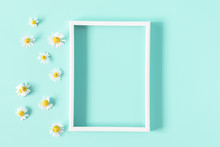 Beautiful Flowers Composition. Blank Frame For Text, Spring And Summer Chamomile White Flowers On Pastel Mint Background. Flat Lay, Top View, Copy Space 