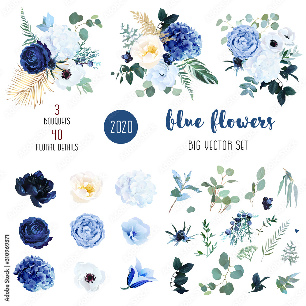 Classic blue, white rose, white hydrangea, ranunculus - obrazy, fototapety, plakaty 
