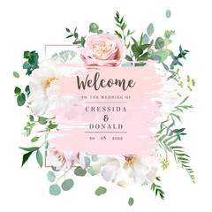 Elegant floral vector card with white and creamy woody peony, dusty rose