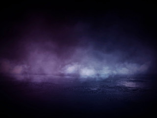 Wall Mural - Background of empty dark room, street. Concrete floor, asphalt, neon light, smoke, spotlight