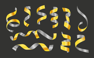 Poster - Different curled satin ribbons vector collection isolated on black background
