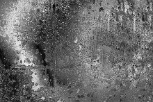 Abstract Black And White Aged Grunge Texture Background, Dark And Light Scratches, Spotted Metallic Backdrop, Rough Gray Stained Surface, Frosty Glass Pattern, Grey Dirty Gloomy Design, Copy Space