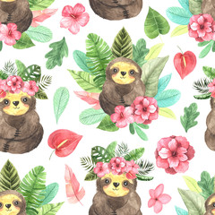 Seamless pattern with watercolor cute sloth