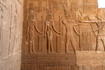 Wall Mural - Ruins and Hieroglyphs in the famous Temple of Kom Ombo in Egypt on nile river bank