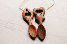 Traditional Welsh Wooden Spoon In White Background. Wooden Love Spoon. 