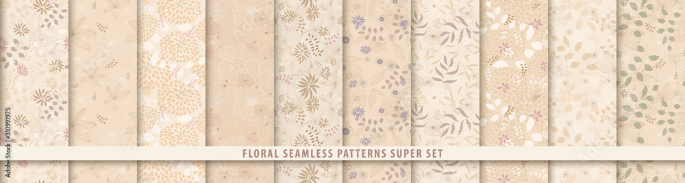 Floral seamless sepia pattern set. Flowers and leaves.. Beige vector background. Fabric and textile print - obrazy, fototapety, plakaty 