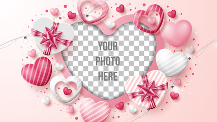 Wall Mural - Valentine's day greeting card with 3D hearts, shining lights, gift box, and empty layer to place your photo. Vector illustration