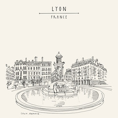 Wall Mural - Fountain in Lyon, France, Europe.  European city illustration. Hand drawing in retro style. Travel sketch. Vintage hand drawn touristic postcard, poster or book illustration