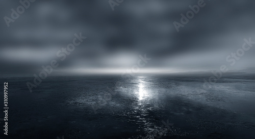 Zdjęcie: Dark street, wet asphalt, reflections of rays in the water. Abstract dark blue background, smoke, smog. Empty dark scene, neon light, spotlights. Concrete floor Dark street, wet asphalt, reflections of rays in the water. Abstract dark blue background, smoke, smog. Empty dark scene, neon light, spotlights. Concrete floor
