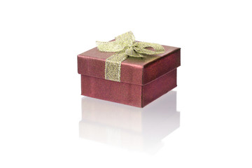 gift box, photo on a white background, with reflection and reflex. isolate close-up. Burgundy, brown