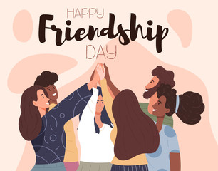 Happy Friendship Day card or poster design with a group of multiethnic friends raising their hands in a high fives greeting with happy smiles, colourful vector illustration