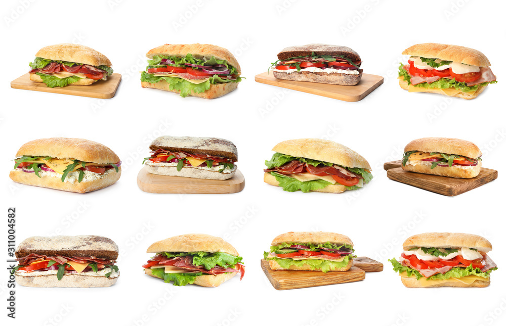 Set of delicious sandwiches on white background - obrazy, fototapety, plakaty 