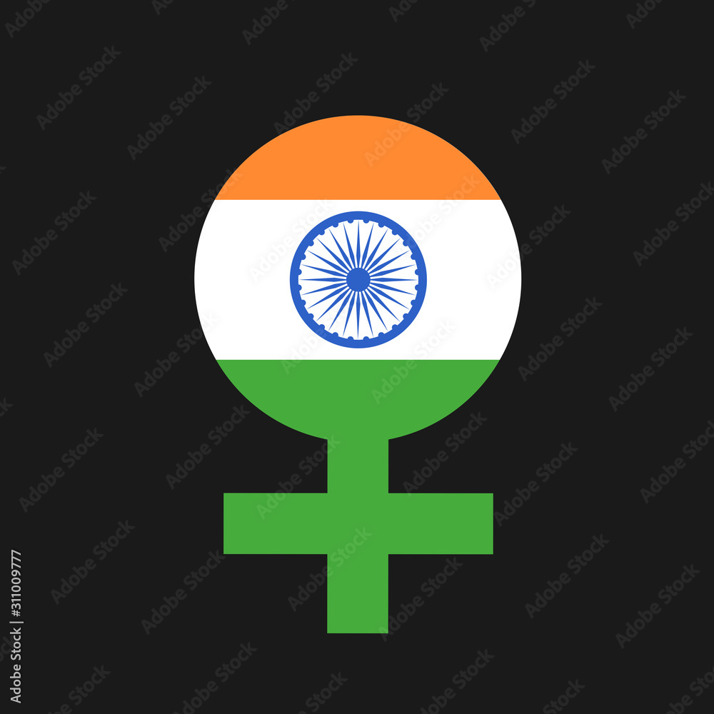 Female, girl and woman in India. Vector illustration of sex and gender symbol with flag of Indian state and country.