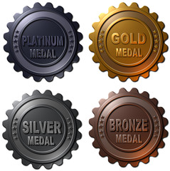 A set of four 3D rendered winner metallic badges, medals, seals or buttons including platinum, gold, silver and bronze medals.