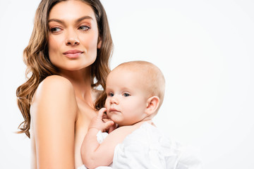 portrait of beautiful naked mother hugging baby boy, isolated on white