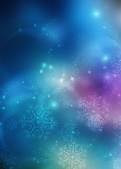 Wall Mural - Blurred festive abstract background. Blurry bokeh lights, snowflakes, neon glow