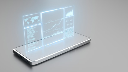 Poster - 3D Rendering of glowing led blue color of business information data on high tech glass panel on chromium 5g mobile phone. Concept for financial advisory using artificial intelligence technology.