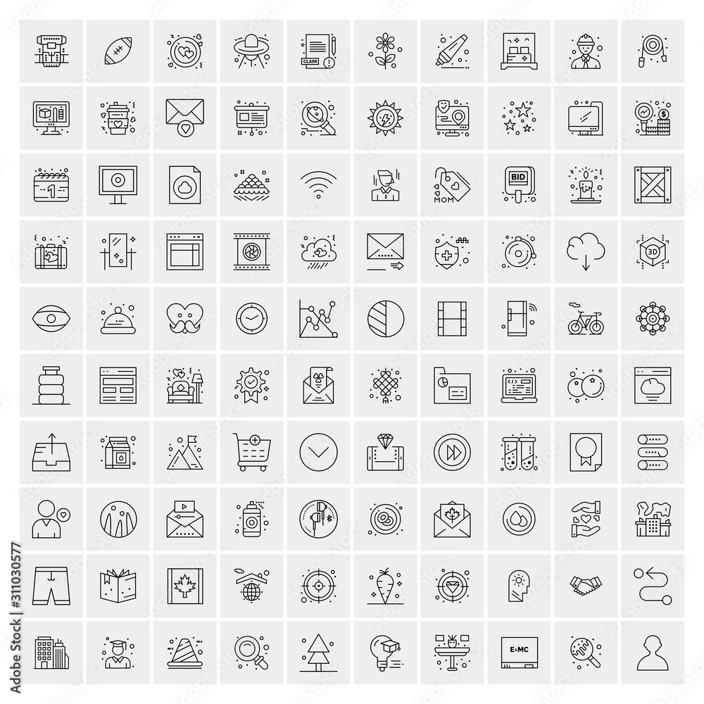Set of 100 Universal Modern Thin Line Icons for Mobile and Web. Mix Business icons Like Arrows, Avatars , Smileys, Business, Weather - obrazy, fototapety, plakaty 