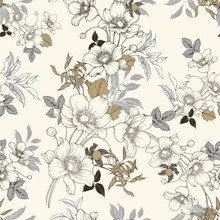 Seamless Vector Pattern With Curly Elegant Bouquet. Graphic Drawing Of Flowers Anemones, Physalis, Leaves