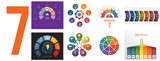 Fototapeta  - Set 8 universal templates for Infographics conceptual cyclic processes for 7 positions possible to use for workflow, banner, diagram, web design, timeline, area chart,number options