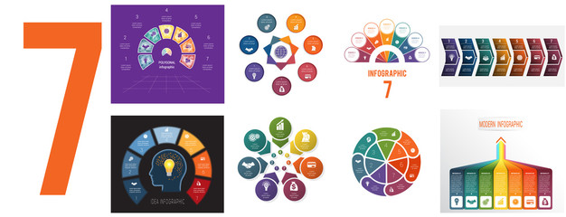 Set 8 universal templates for Infographics conceptual cyclic processes for 7 positions possible to use for workflow, banner, diagram, web design, timeline, area chart,number options