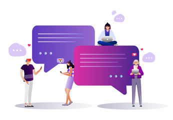 Wall Mural - Characters design. People use mobile smartphone, tablet and laptop for chatting in social media, can use for landing page, template, ui, web, mobile app, poster, banner, flyer. Vector illustration