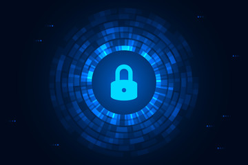 Wall Mural - Cyber security illustration, lock icon on abstract digital circle, light graphic on blue dark background.