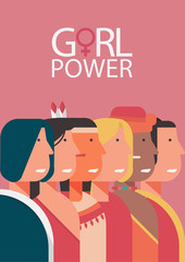 Wall Mural - girl power concept poster, character of diversity young woman, female, feminist and lady for card, banner and landing page vector flat illustration