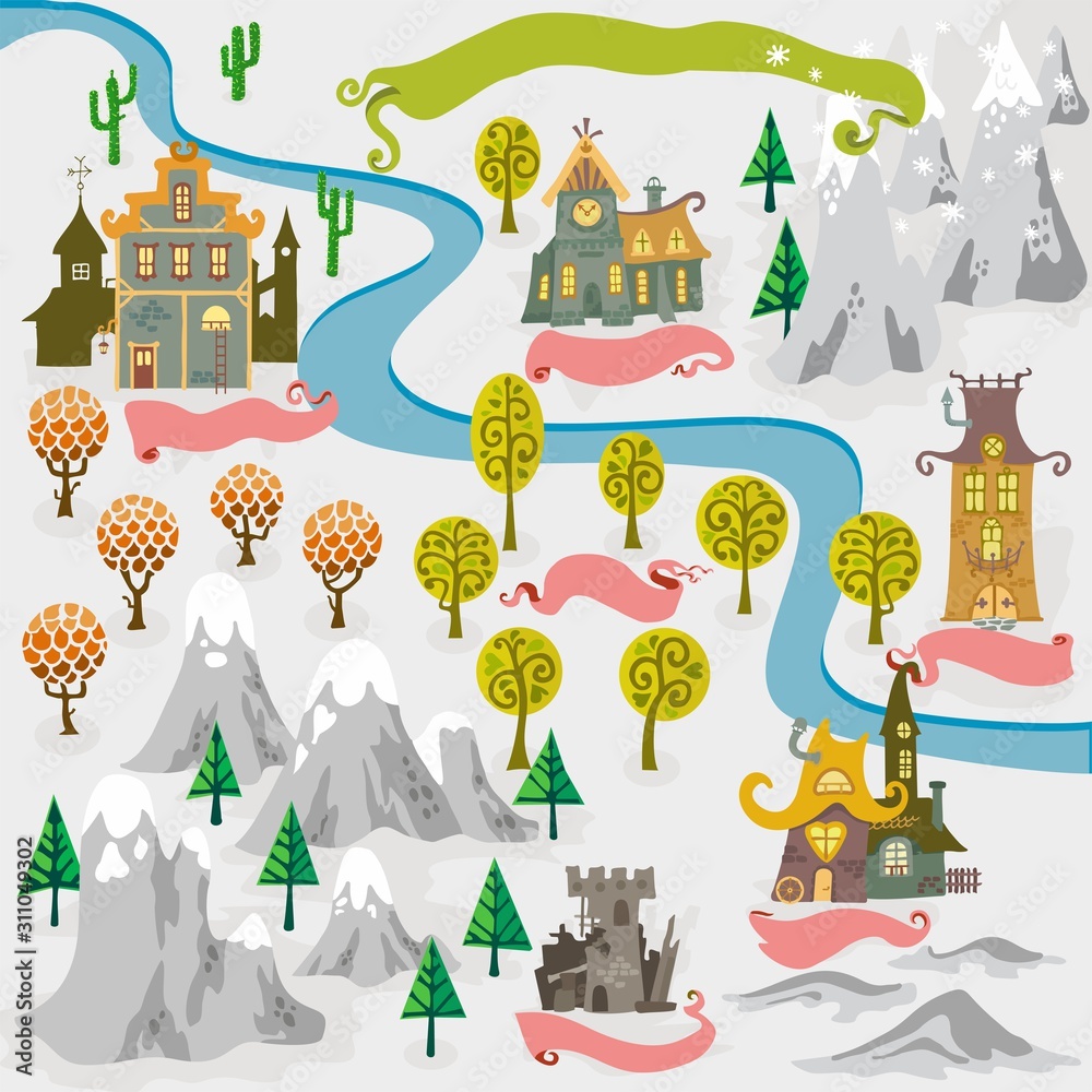Fairy tale fantasy map builder cartography vector illustrations draw ...