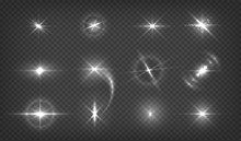 Twinkle Lens Flares. Glowing Light Effects. Realistic Lightning Flare. Flashes And Sparks Isolated Transparent Set. Vector Shiny Beautiful Effect Lights Galaxy On Dark Background