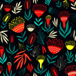 Seamless pattern with native australian flowers, hand drawn elements on dark background