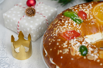 Wall Mural - Spanish Christmas cake, Roscon de reyes , desert eaten in Spain for celebrate Epiphany or Dia de Reyes Magos, Three Wise Men Day. Spanish Christmas with traditional crown