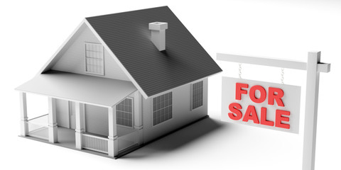 Wall Mural - For sale sign and house model isolated against white background. Real estate concept. 3d illustration