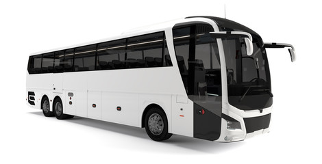 white big tour bus front right angle view
