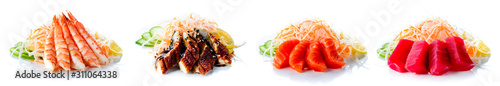 Fotografía sets of sushi with the different types of seafood on a white background