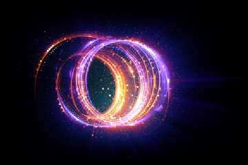 Wall Mural - Glow swirl light effect. Circular lens flare. Abstract rotational lines. Power energy element. Luminous sci-fi. Shining neon lights cosmic abstract frame. Magic round frame. Swirl trail effect. Glint