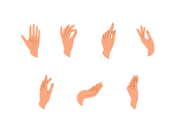 Hands vector set in simple flat trendy style isolated on a white background. Various gestures, poses of human hand in different situation. Vector illustration