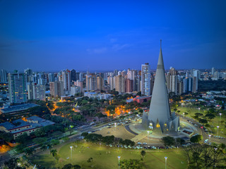 Aerial View of Maringa, Cathedral and downtown. Several buildings. Paraná, Brazil.