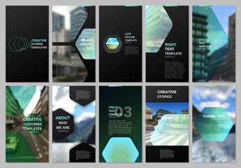 Creative social networks stories design, vertical banner or flyer templates with hexagonal design green color pattern background. Covers design templates for flyer, leaflet, brochure, presentation.