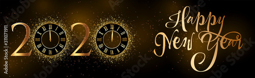 Fotomural bannière large dorée brillante bonne année - Happy new year 2020 avec horloge pa