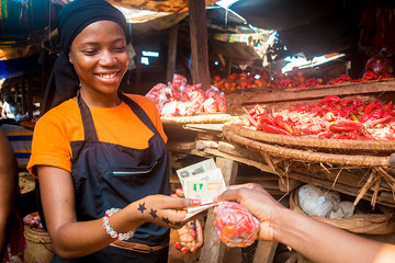 Canvas Print - young african woman selling tomatoes in a local african market collecting money from a paying customer