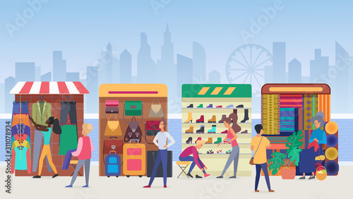 Fotografía Street clothing market flat vector illustration