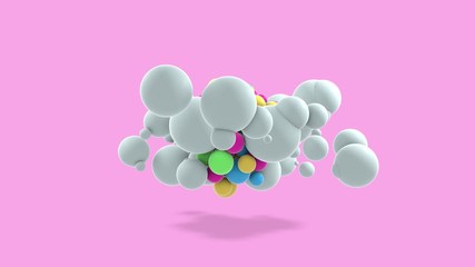 Wall Mural - 3D animation of many white spheres surrounded by colorful balls. Abstract animation objects move randomly, change position and configuration.