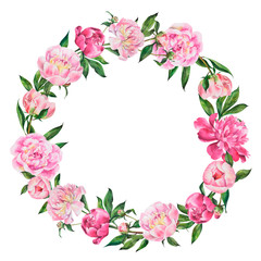 Wall Mural - Wreath of peonies, round frame, peony flowers on isolated white background, watercolor hand drawing stock illustration.