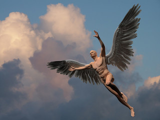 Wall Mural - naked man with white wings in cloudy sky symbolizes angel.