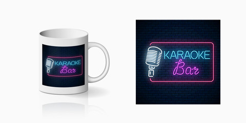 Wall Mural - Neon print of karaoke music bar on cup mockup. Branding identity design sign of a nightclub with live music on mug