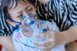 © kanpisut - Sick boy inhalation therapy by the mask of inhaler. Baby has asthma and need nebulizations. Patient Boy use inhalation with Nebulizer mask at hospital. The baby are spraying bronchodilators .