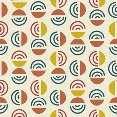Wall Mural - Circle and line shapes abstract modern seamless pattern. Blue yellow repeat background for wrap, textile and print design.